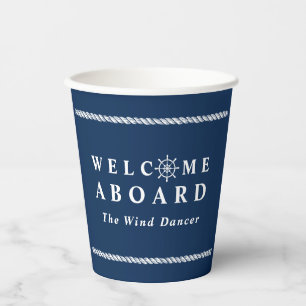 Navy Blue Nautical Ship Name Welcome Aboard Paper Cups