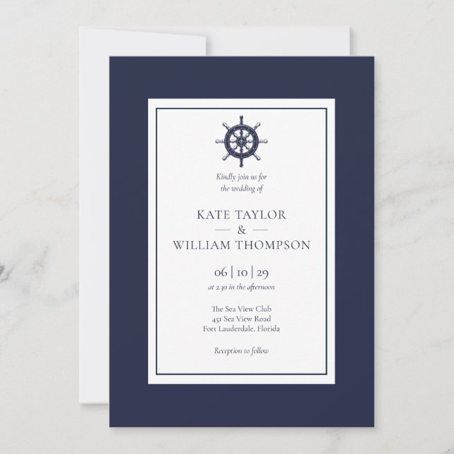 Navy Blue Nautical Ship Wheel Wedding Invitation (Front)