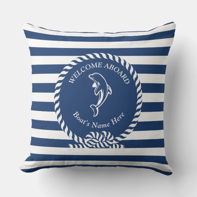 Navy Blue Nautical Stripes Dolphin Boat Name Cushion (Front)
