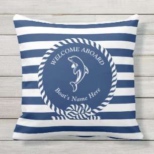 Navy Blue Nautical Stripes Dolphin Boat Name Cushion