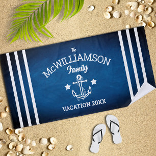 Navy Blue Nautical Theme Family Event Beach Towel