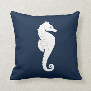 Navy Blue Nautical Throw Pillow White Sea Horse
