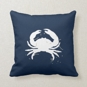 Navy Blue Nautical Throw Pillow with White Crab