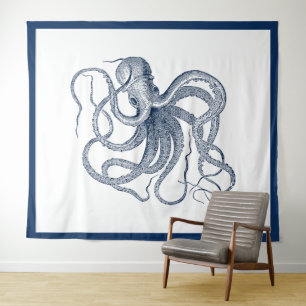 Navy-blue nautical vintage octopus tapestry