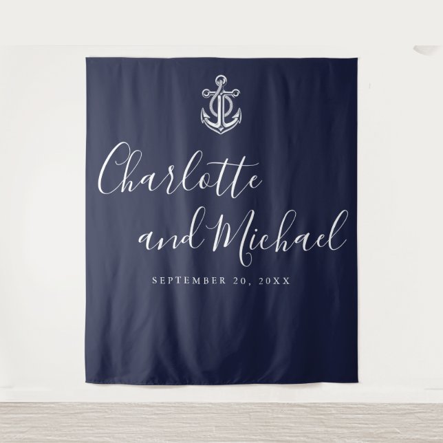 Navy Blue Nautical Wedding Photo Booth Backdrop Tapestry (Front)