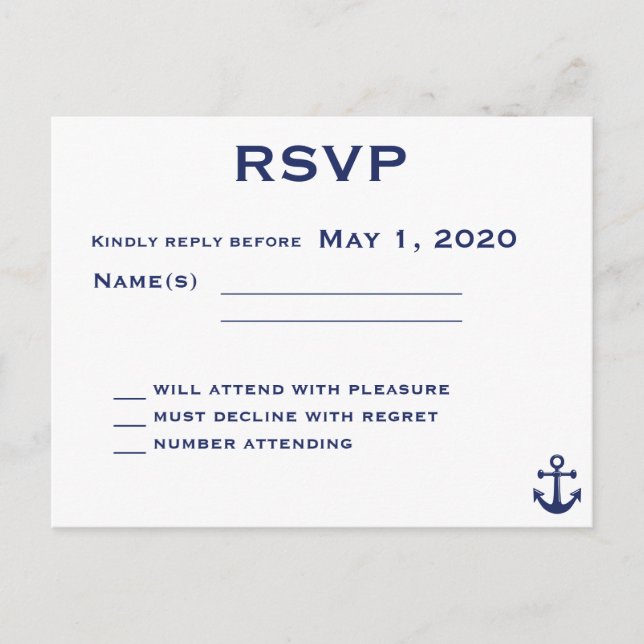 Navy Blue Nautical Wedding RSVP Postcard (Front)