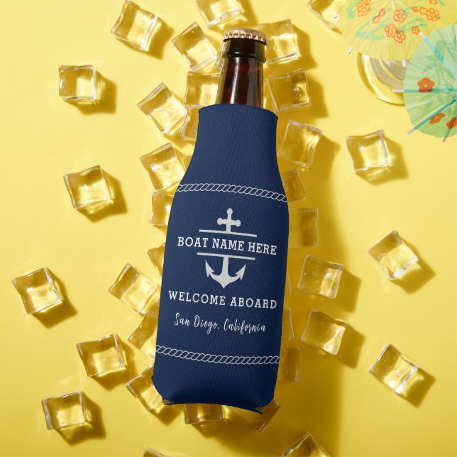 Navy Blue Nautical Welcome Aboard Boat Name Anchor Bottle Cooler (In Situ Summer)