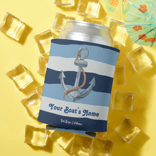 Navy Blue Nautical Welcome About Custom Boat  Can Cooler (In Situ Summer)