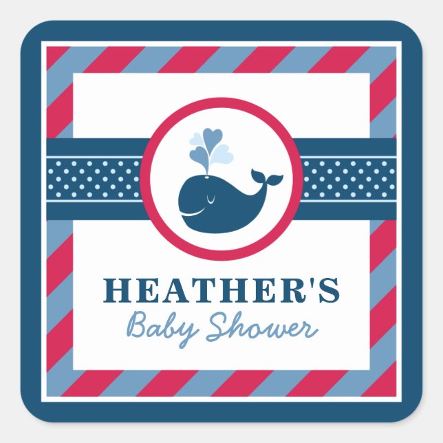 Navy Blue Nautical Whale Baby Boy Shower Red Square Sticker (Front)