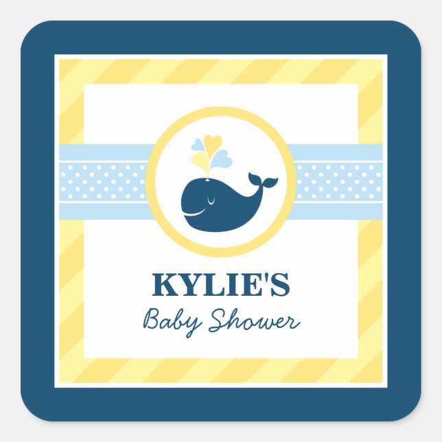 Navy Blue Nautical Whale Baby Boy Shower Yellow Square Sticker (Front)