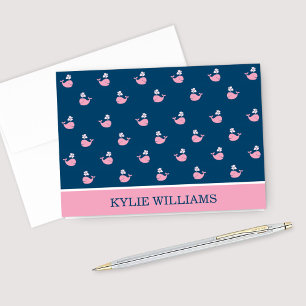 Navy Blue Nautical Whale Pattern Pink Name Note Card