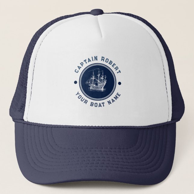 Navy Blue Nautical Wind Sailing Boat Trucker Hat (Front)
