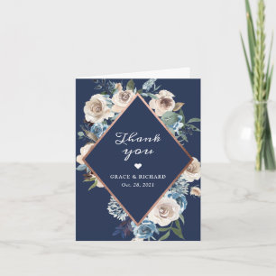 Navy Blue Neutral Floral Rose Gold Wedding Thank You Card