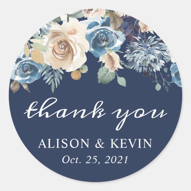Navy Blue Neutral Rustic Floral Thank You Classic Round Sticker (Front)