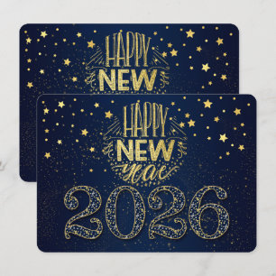 Navy Blue New Year 2026 with Golden Stars Holiday Card