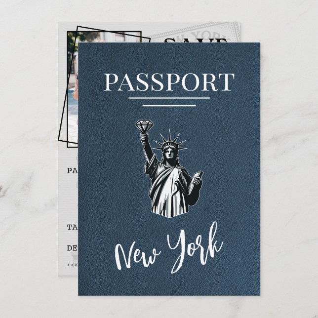 Navy Blue New York City Passport Save The Date (Front/Back)