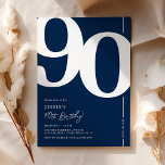 Navy Blue Ninety 90th Birthday Party Invitation<br><div class="desc">Classic navy blue 90th birthday party invitations featuring the number '90' in a large bold serif font,  and a modern invite template that is easy to personalise.</div>