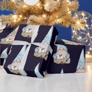 Navy Blue Nordic Snow Gnome Christmas Holiday Wrapping Paper