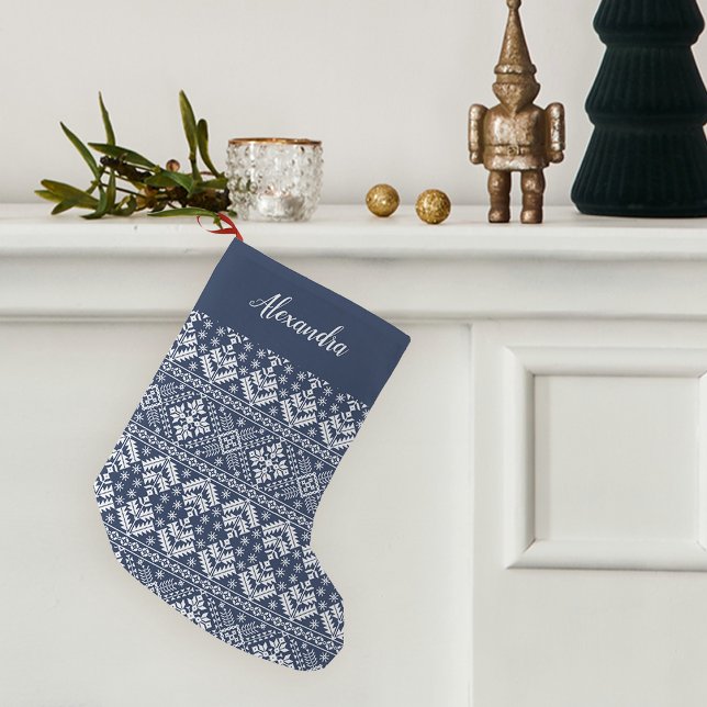 Navy Blue Nordic Sweater Pattern Personalised Small Christmas Stocking (Creator Uploaded)