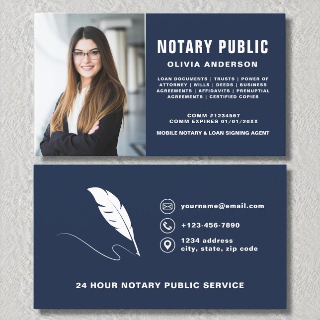 Navy Blue Notary Public Signing Agent Photo  Business Card (Creator Uploaded)