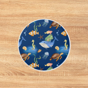 Navy blue ocean animals whales turtles ceramic knob