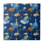 Navy blue ocean animals whales turtles ceramic tile<br><div class="desc">Under the sea theme. A navy blue background,  and a pattern with whales,  turtles and fish</div>