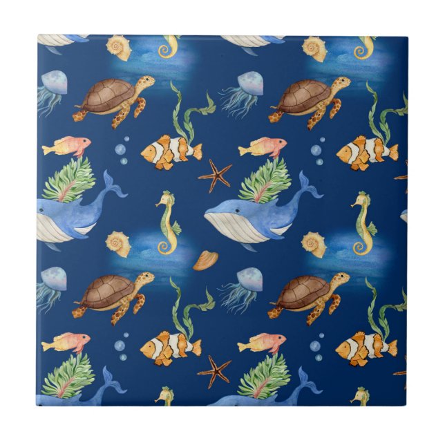 Navy blue ocean animals whales turtles ceramic tile (Front)
