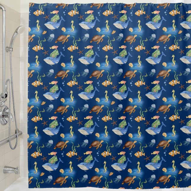 Navy blue ocean animals whales turtles shower curtain (Creator Uploaded)