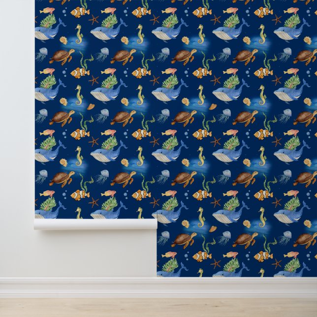 Navy blue ocean animals whales turtles wallpaper (Application)