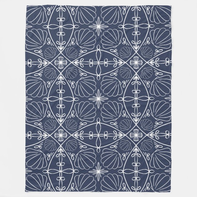 Navy Blue Ocean Seashells Pattern Modern Nautical Fleece Blanket (Front)