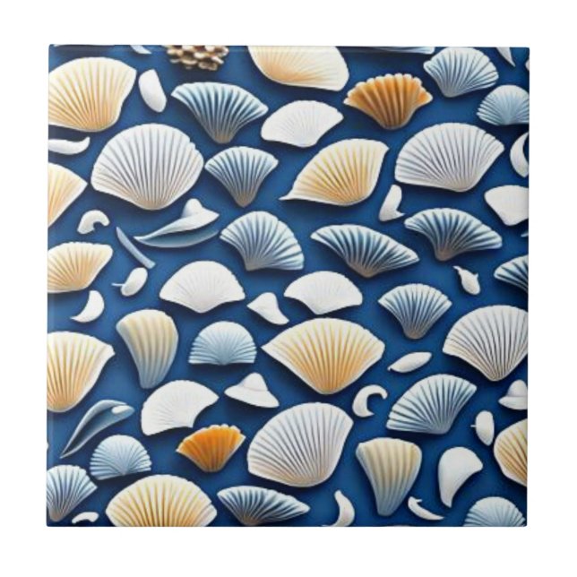 Navy blue ocean shells ceramic tile (Front)