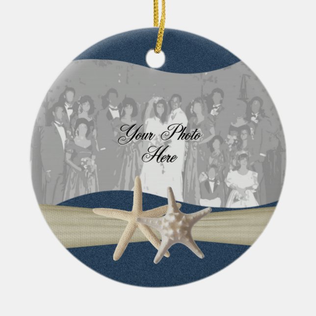 Navy Blue Ocean Starfish Photo Ceramic Ornament (Front)