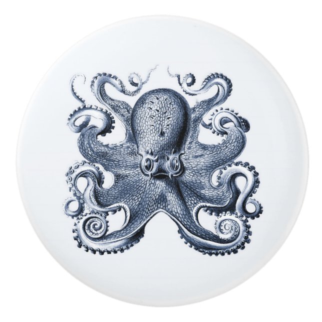 Navy Blue Octopus illustration by Ernst Haeckel Ceramic Knob (Front)