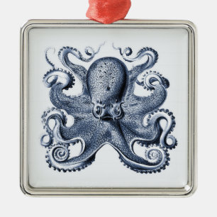 Navy Blue Octopus illustration by Ernst Haeckel Metal Ornament