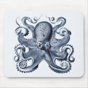 Navy Blue Octopus illustration by Ernst Haeckel Mouse Pad
