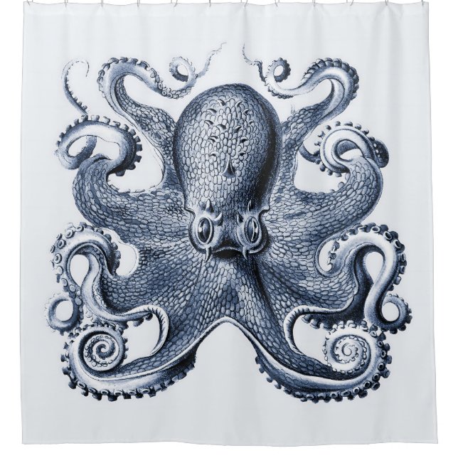 Navy Blue Octopus illustration by Ernst Haeckel Shower Curtain (Front)