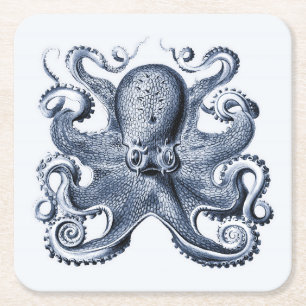 Navy Blue Octopus illustration by Ernst Haeckel Square Paper Coaster