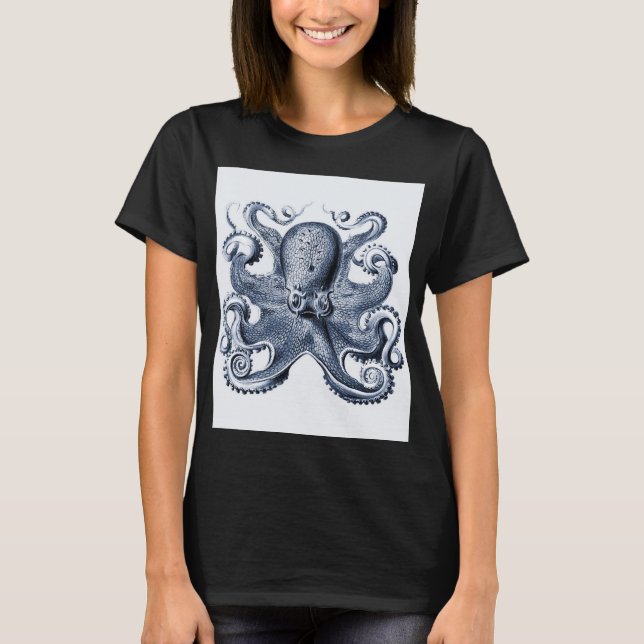 Navy Blue Octopus illustration by Ernst Haeckel T-Shirt (Front)