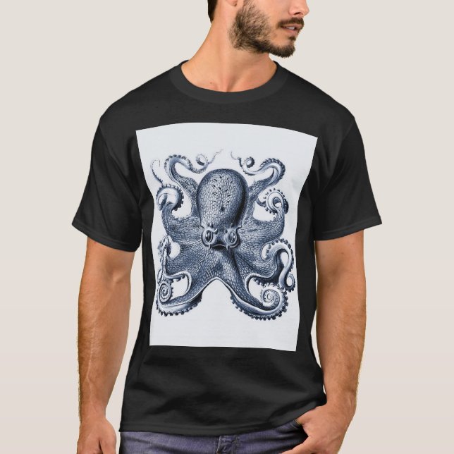 Navy Blue Octopus illustration by Ernst Haeckel T-Shirt (Front)