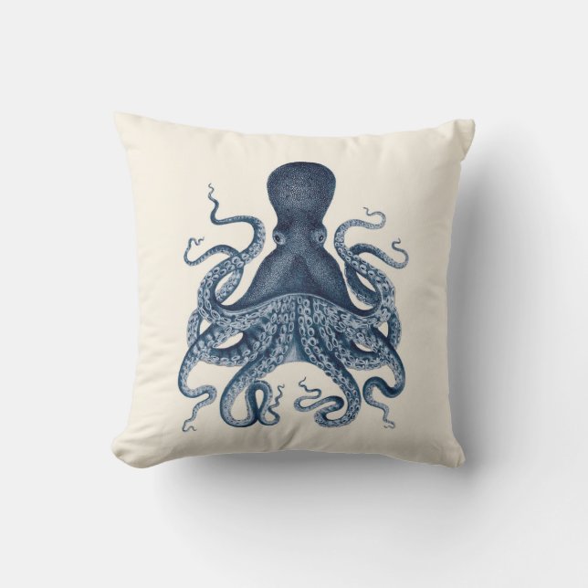 Navy Blue Octopus Illustration on Cream Cushion (Front)