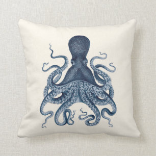 Navy Blue Octopus Illustration on Cream Cushion