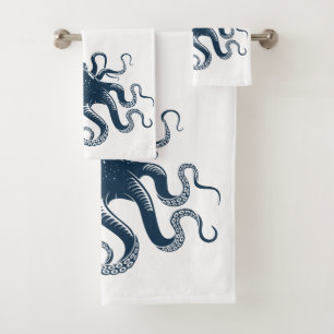 Navy blue octopus nautical illustration bath towel set