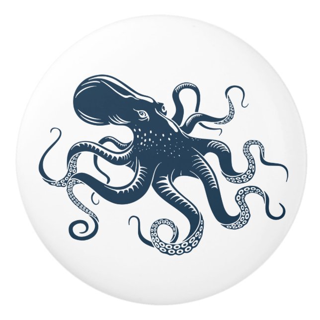 Navy blue octopus nautical illustration ceramic knob (Front)