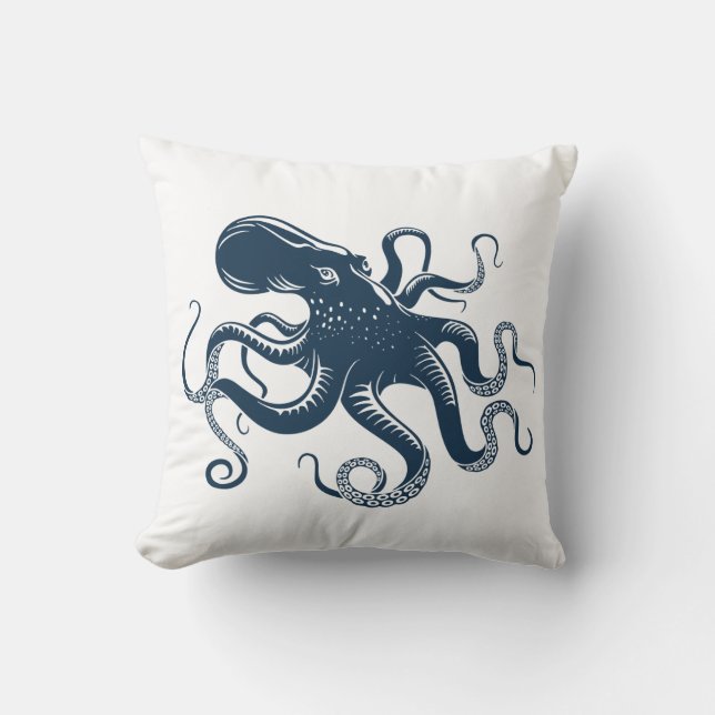 Navy blue octopus nautical illustration cushion (Front)