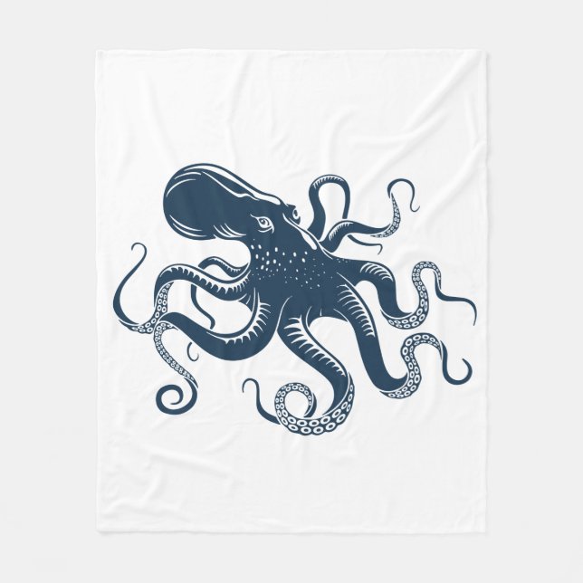 Navy blue octopus nautical illustration fleece blanket (Front)