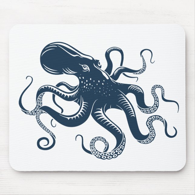 Navy blue octopus nautical illustration mouse pad (Front)