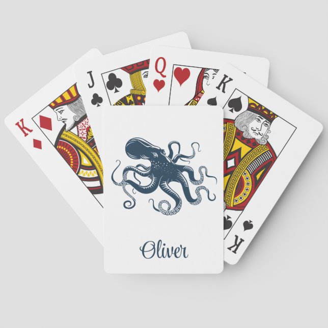 Navy blue octopus nautical illustration playing cards (Back)