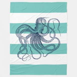 Navy-blue octopus on white and turquoise stripes fleece blanket