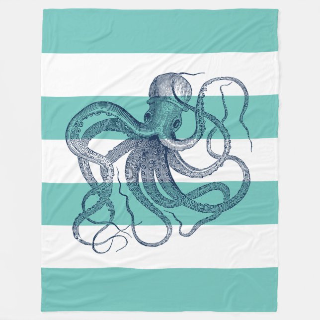 Navy-blue octopus on white and turquoise stripes fleece blanket (Front)