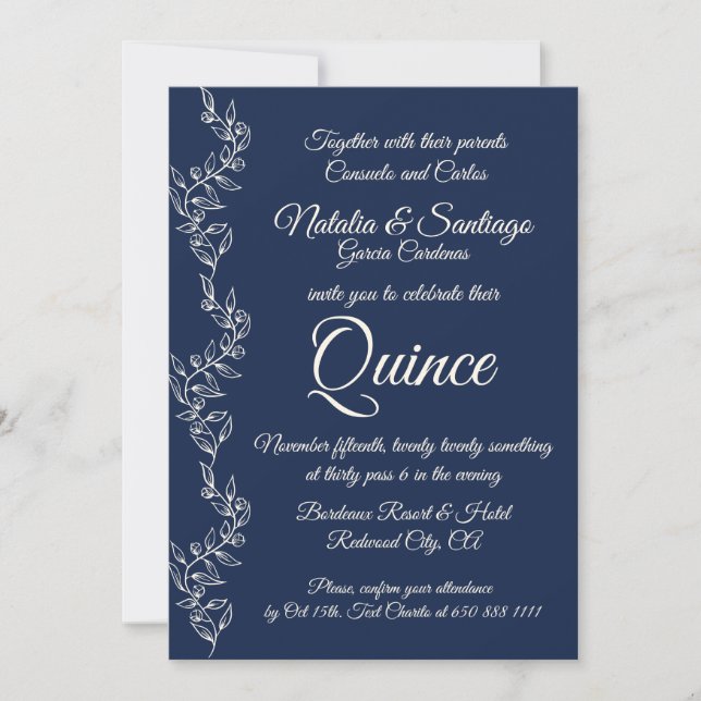 Navy Blue Off-White Twin Boy Girl Fiesta de Quince Invitation (Front)